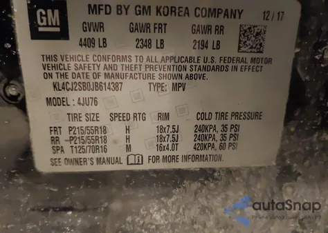 2018 Buick Encore Sport Touring z USA, uszkodzony, nr VIN KL4CJ2SB0JB614387